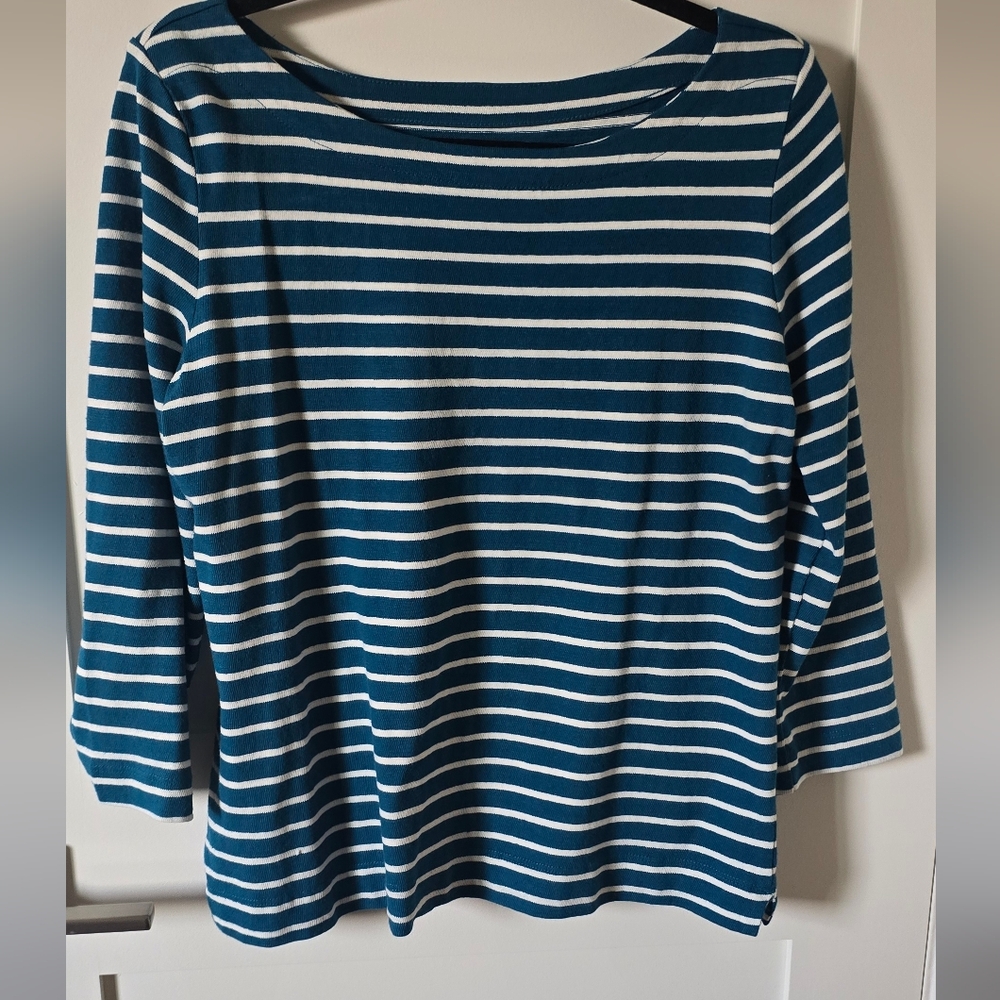 LOFT Teal and White Striped Boatneck 3/4 Sleeve Top